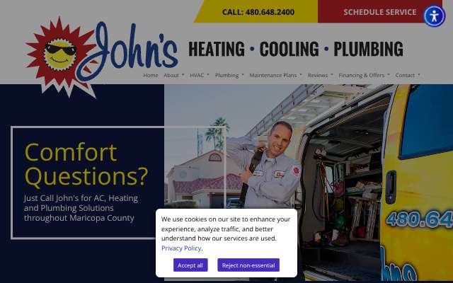 John's Heating, Cooling, and Plumbing's page as the assistant saw it