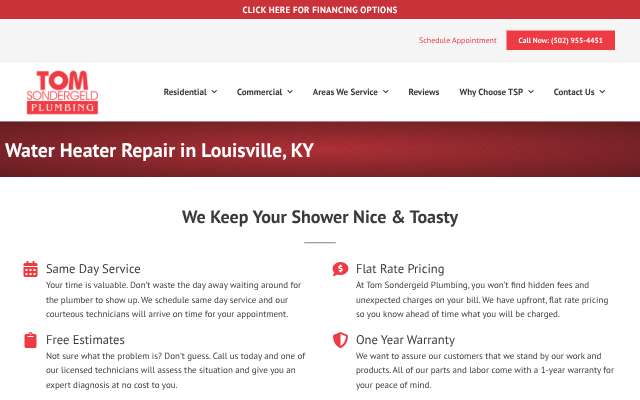 Tom Sondergeld Plumbing's page as the assistant saw it