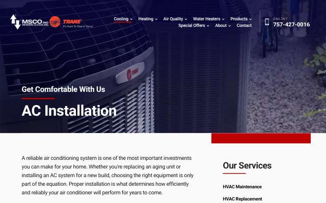 MSCO Inc. Heating & Cooling's page as the assistant saw it