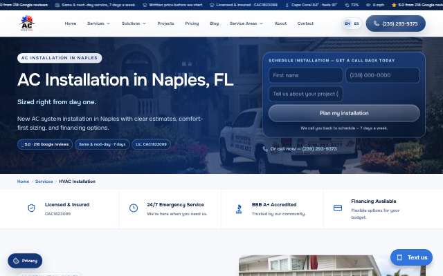 AC Professional Cooling & Heating Inc.'s page as the assistant saw it