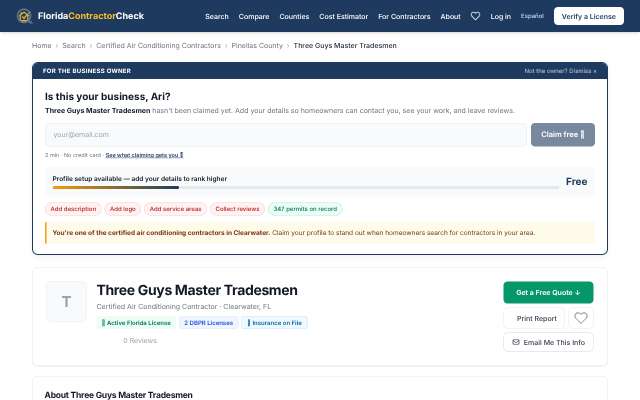 Three Guys Master Tradesmen's page as the assistant saw it