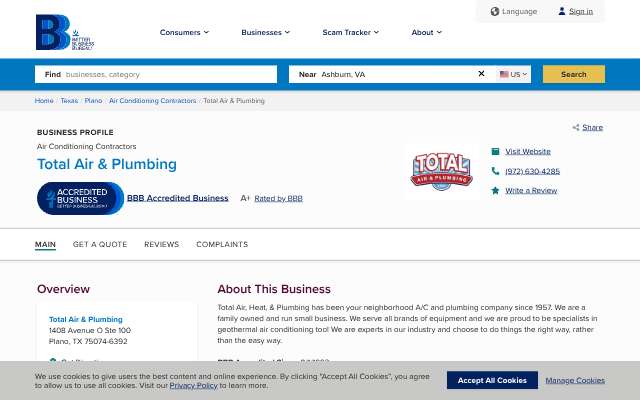 Total Air & Heat (Total Air & Plumbing)'s page as the assistant saw it