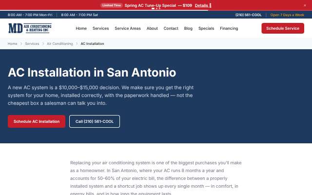 MD Air Conditioning & Heating's page as the assistant saw it