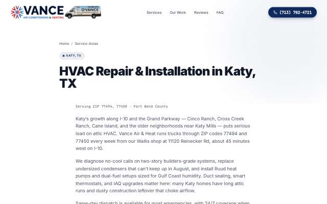 Vance Air & Heat's page as the assistant saw it