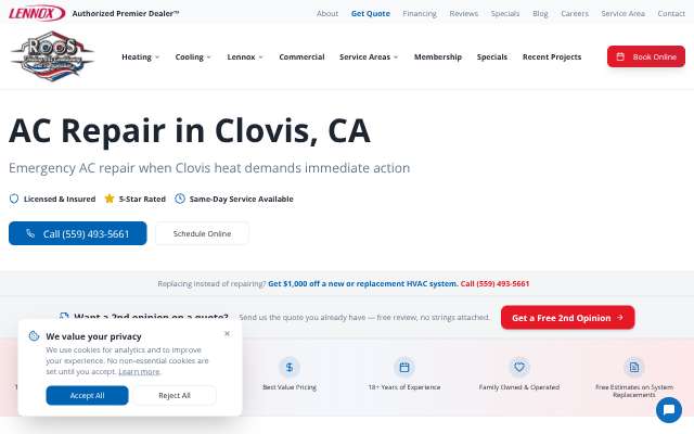 Roo's Heating and Air's page as the assistant saw it