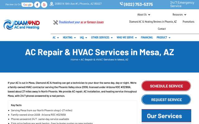 Diamond AC & Heating's page as the assistant saw it