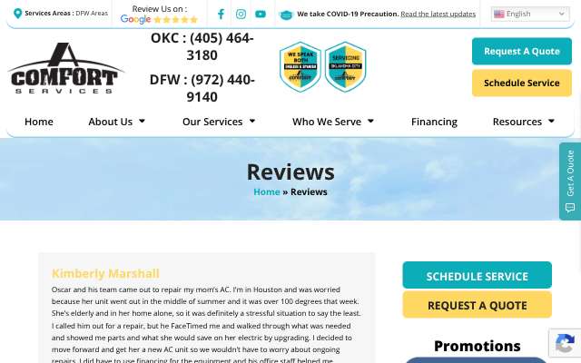 A Comfort Services's page as the assistant saw it