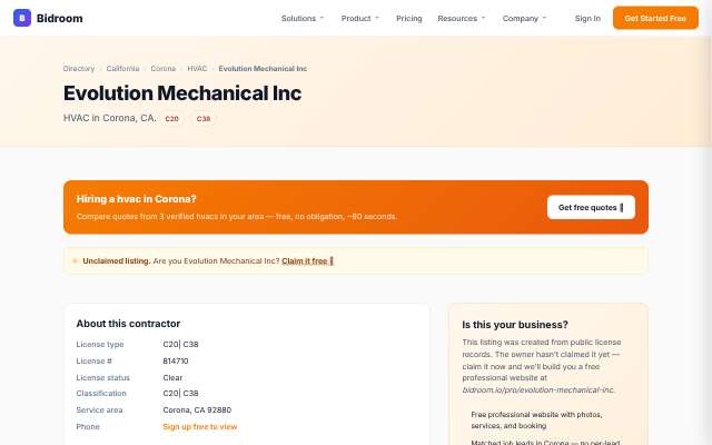 Evolution Mechanical's page as the assistant saw it