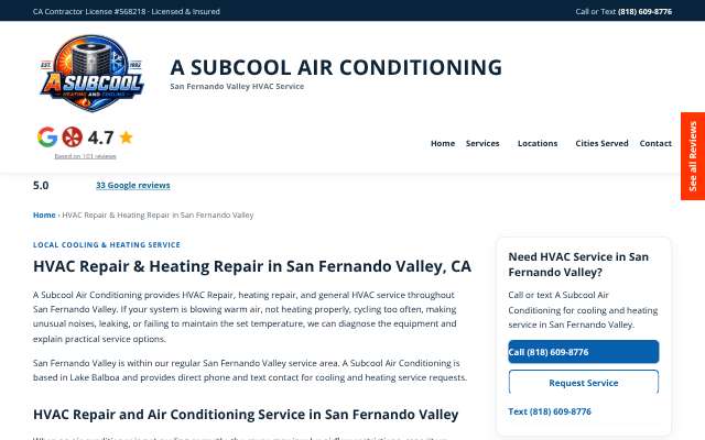 A Subcool Air Conditioning's page as the assistant saw it