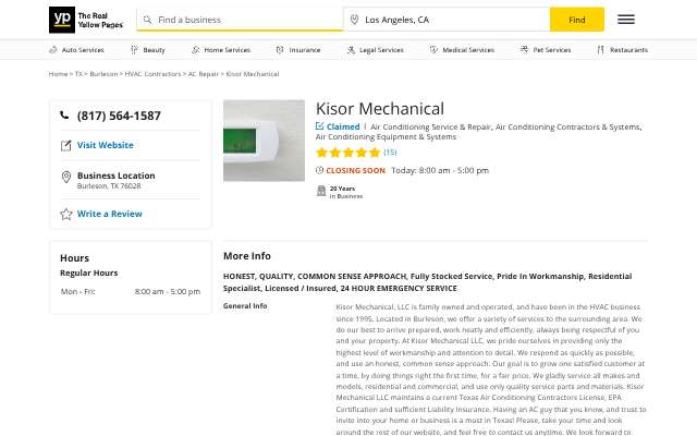 Kisor Mechanical's page as the assistant saw it