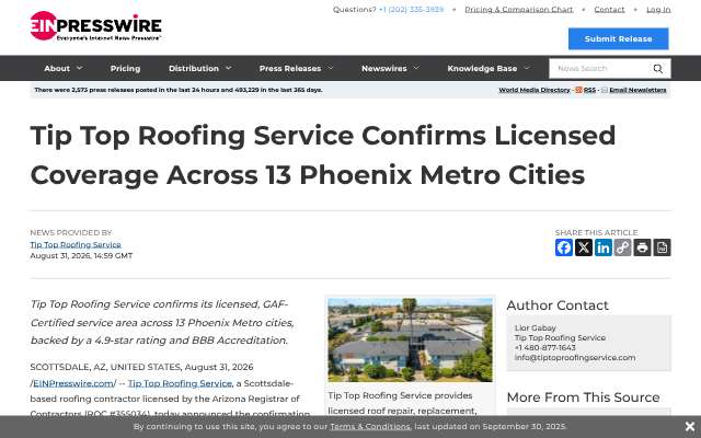 Tip Top Roofing Service's page as the assistant saw it
