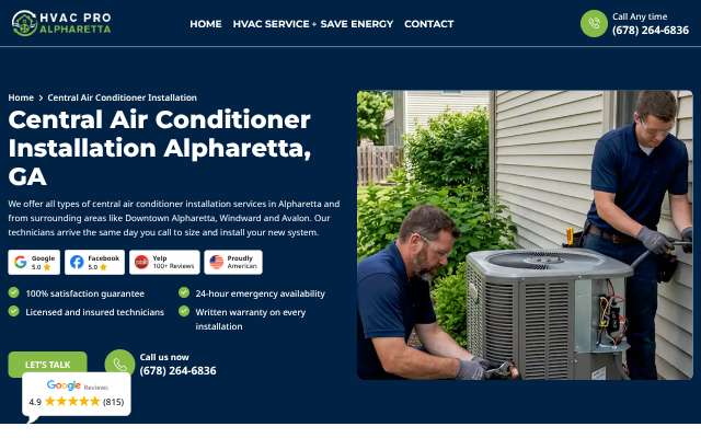 HVAC Pro Alpharetta's page as the assistant saw it
