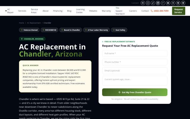 Sapper HVAC's page as the assistant saw it