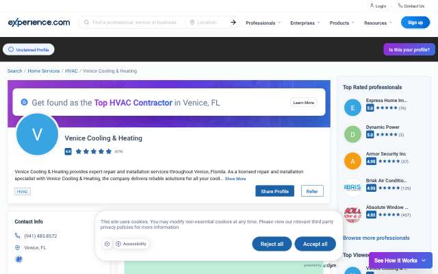 Venice Cooling, Heating & Plumbing's page as the assistant saw it