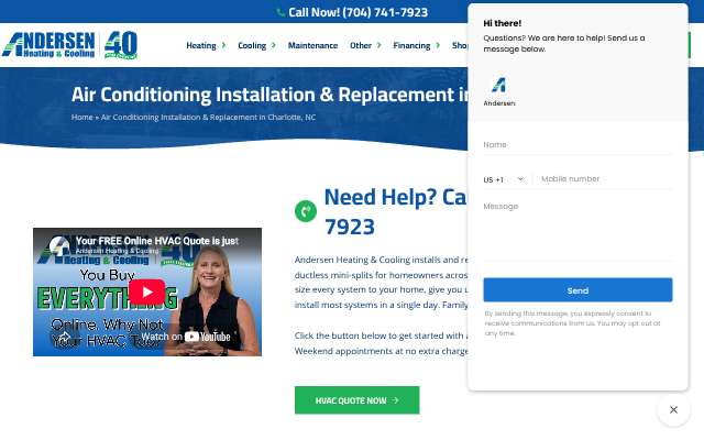 Andersen Heating & Cooling's page as the assistant saw it