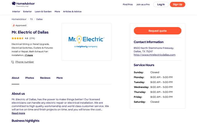 Mr. Electric of Dallas's page as the assistant saw it