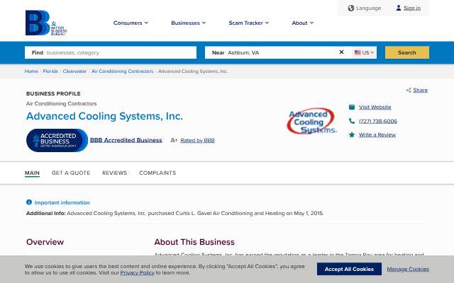Advanced Cooling Systems, Inc.'s page as the assistant saw it