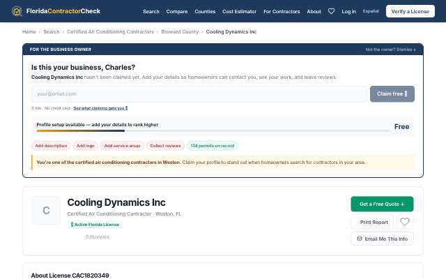 Cooling Dynamics Inc's page as the assistant saw it
