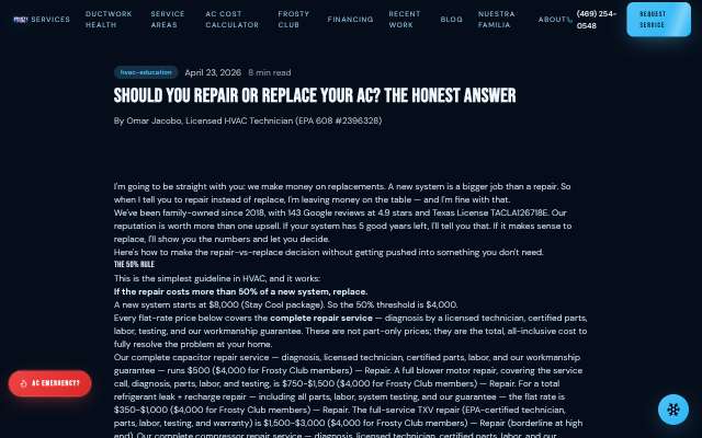 Frosty's HVAC's page as the assistant saw it