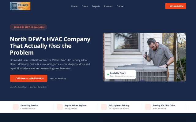 Pillars HVAC LLC's page as the assistant saw it