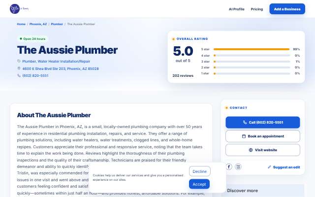 The Aussie Plumber's page as the assistant saw it
