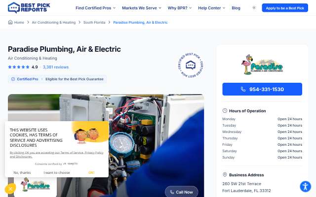 Paradise Plumbing, Air & Electric's page as the assistant saw it