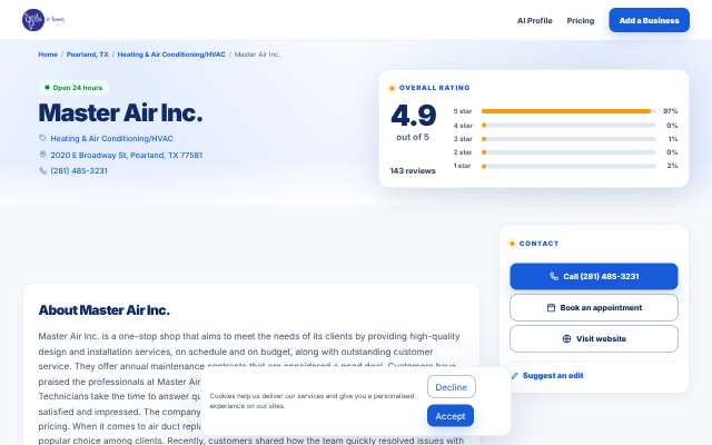 Master Air Inc.'s page as the assistant saw it