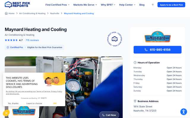 Maynard Heating and Cooling's page as the assistant saw it