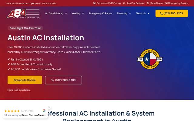 ABA Heating and Cooling's page as the assistant saw it