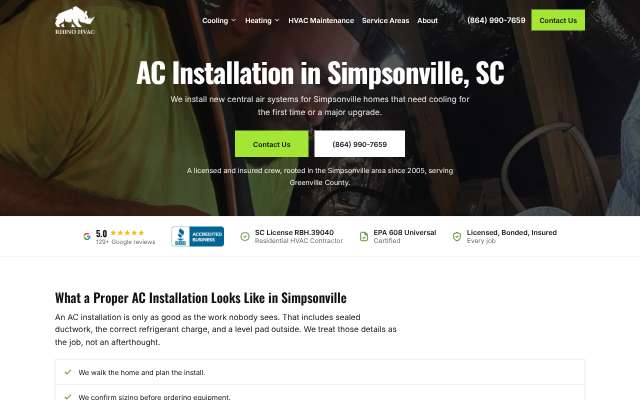 Rhino HVAC's page as the assistant saw it