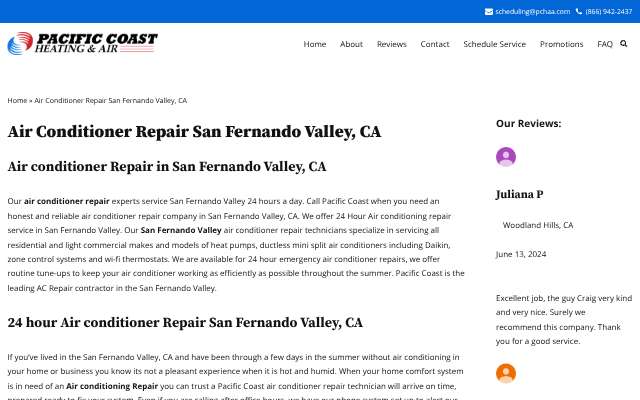 Pacific Coast Heating and Air's page as the assistant saw it