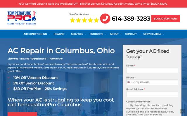 TemperaturePro Columbus's page as the assistant saw it