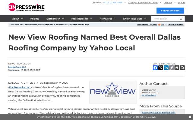 New View Roofing's page as the assistant saw it