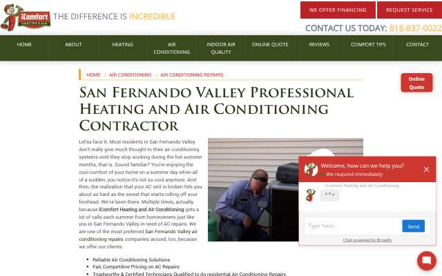 iComfort Heating and Air Conditioning (calicomfort.com)'s page as the assistant saw it