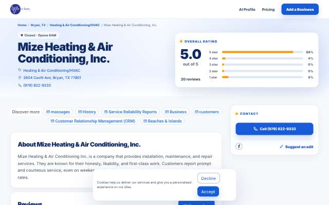 Mize Heating & Air Conditioning, Inc.'s page as the assistant saw it