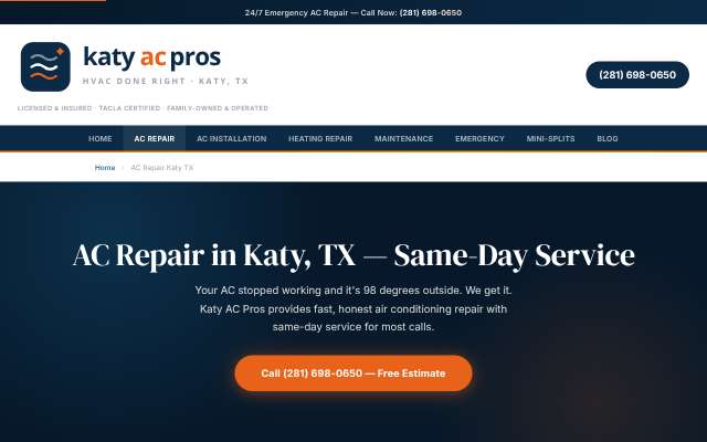 Katy AC Pros's page as the assistant saw it