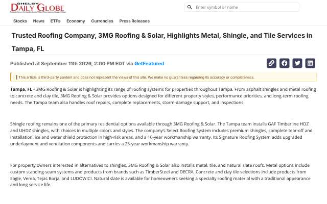 Page cited for 3MG Roofing & Solar