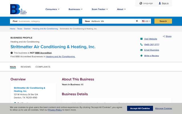 Strittmatter Plumbing, Heating and AC's page as the assistant saw it