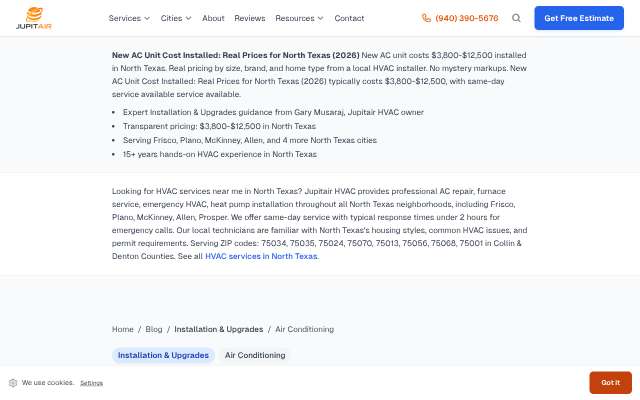 Jupitair HVAC's page as the assistant saw it