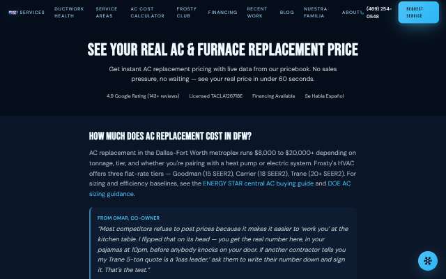 Frosty's HVAC's page as the assistant saw it