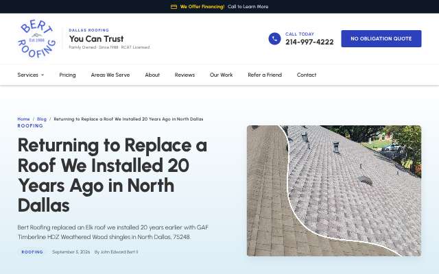 Bert Roofing's page as the assistant saw it