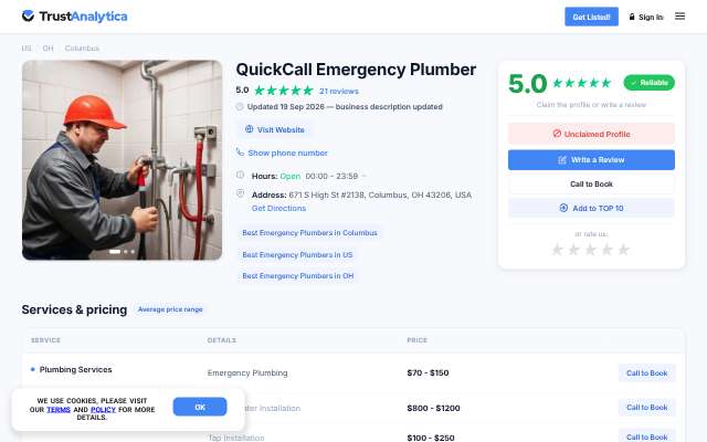 QuickCall Emergency Plumber's page as the assistant saw it