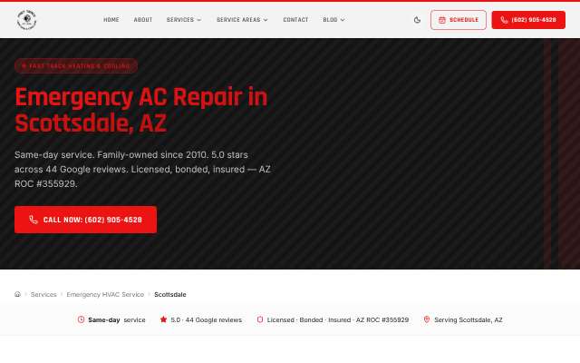Fast Track Heating & Cooling's page as the assistant saw it