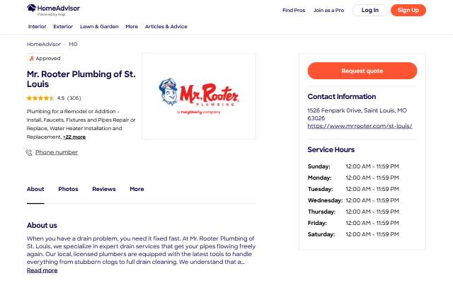 Mr. Rooter Plumbing of St. Louis's page as the assistant saw it
