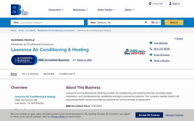 Lawrence Air Conditioning & Heating's page as the assistant saw it