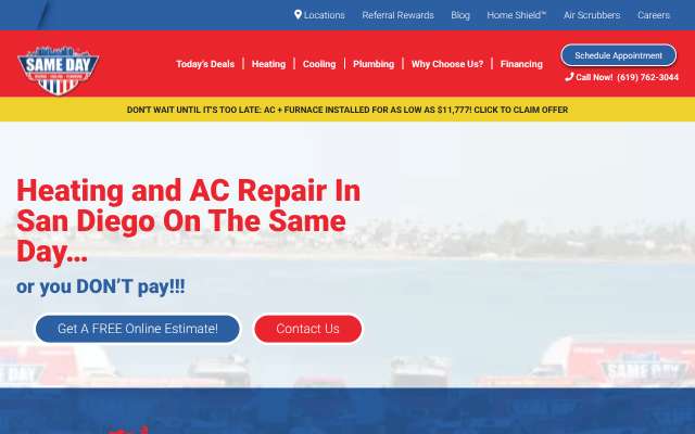 Same Day Heating, Cooling, Plumbing's page as the assistant saw it