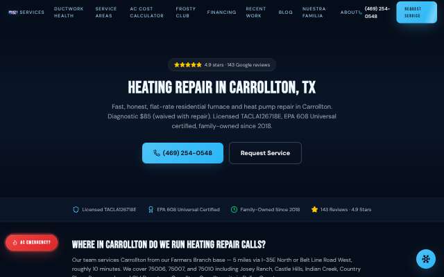 Frosty's HVAC's page as the assistant saw it