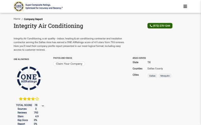 Integrity Air Conditioning's page as the assistant saw it