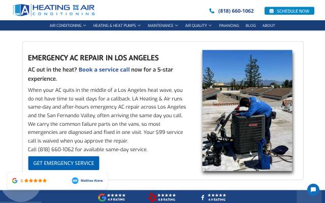 LA Heating & Air Conditioning's page as the assistant saw it