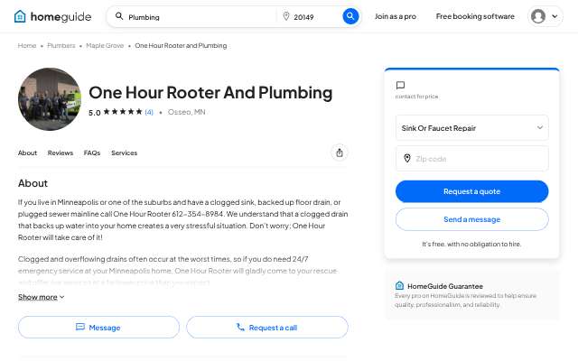 One Hour Rooter And Plumbing's page as the assistant saw it